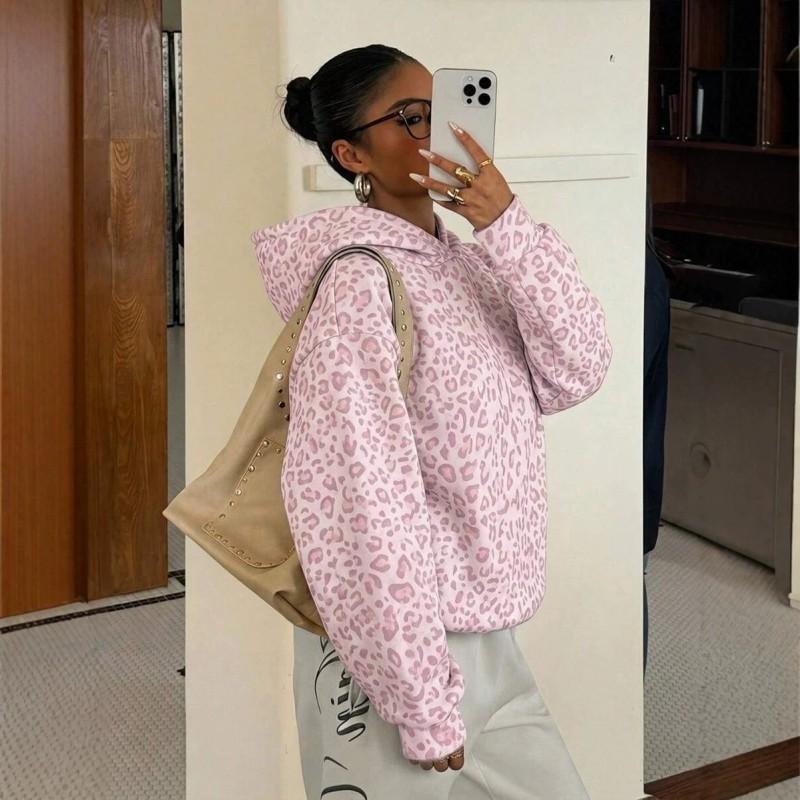 Womens Hooded Pullover Sweatshirt 2026 Fall Leopard Print Long Sleeve Casual Top