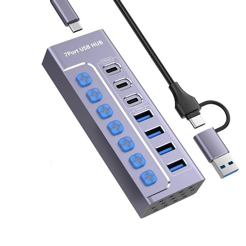 USB 3.0 7-портовый концентратор-разветвитель, док-станция 10 Гбит/с с независимыми переключателями