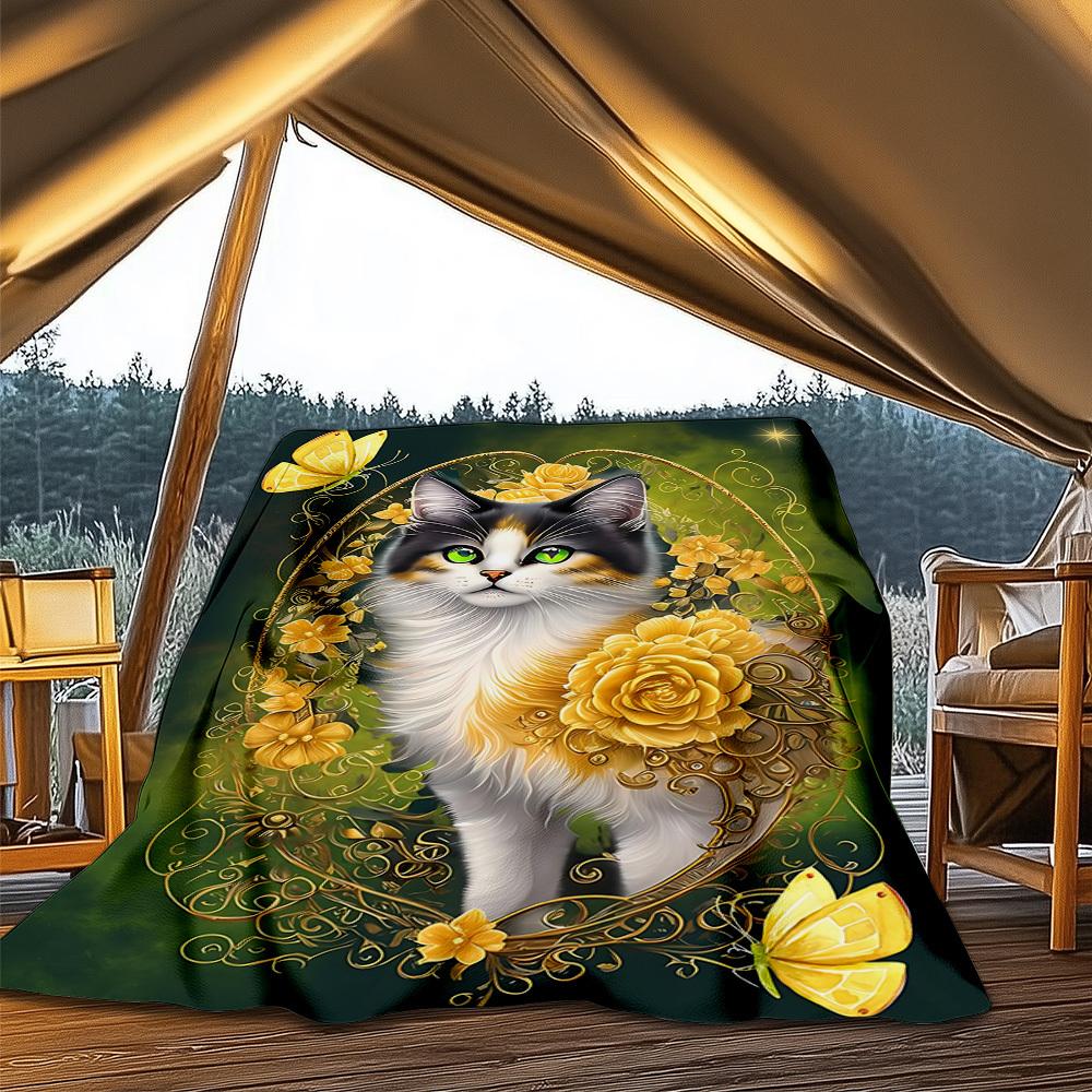 1pc Cat, Flowers Outdoor Personalized Flannel Blanket, Soft, Lightweight Personalized Flannel Blanket, Digital Printing,