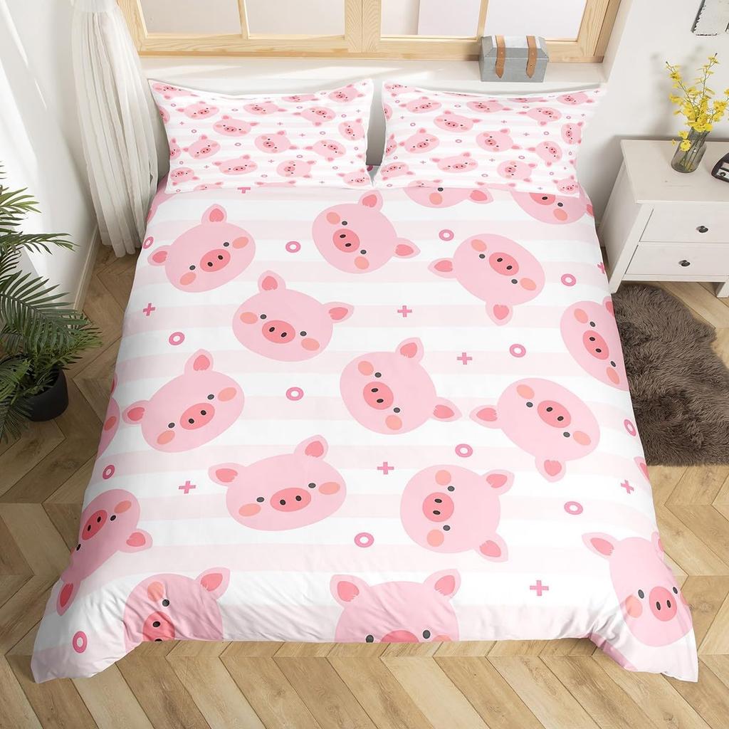 Pink Pig Duvet Cover For Girls Kawaii Room Decor Twin, Rose Floral Leaves Comforter Cover Cute Farm Animal Cartoon Bedding Set