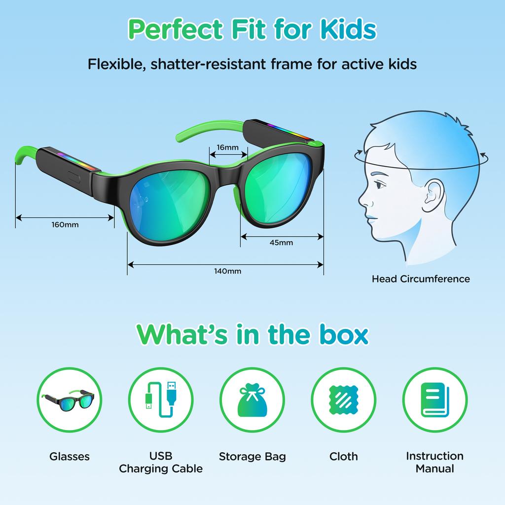 Smart audio glasses children's smart glasses RGB colorful lighting effects wireless bluetooth sunglasses green