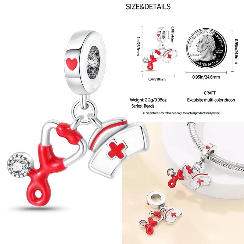 Медицинская коробка Шапочка медсестры Шармы-сердечки Зуб Стетоскоп Бусины Подходят для оригинального браслета 3 мм Женские Медные Изысканные Шармы Ювелирные изделия Подарки