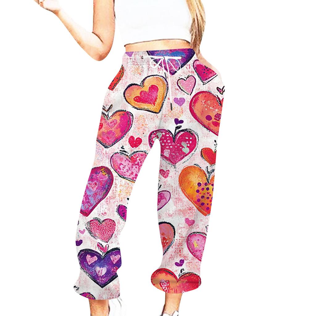 Женская повседневная мода День святого Валентина Повседневные брюки с принтом Спортивные брюки Брюки с эластичной резинкой на талии со шнурком Брюки со шнурком