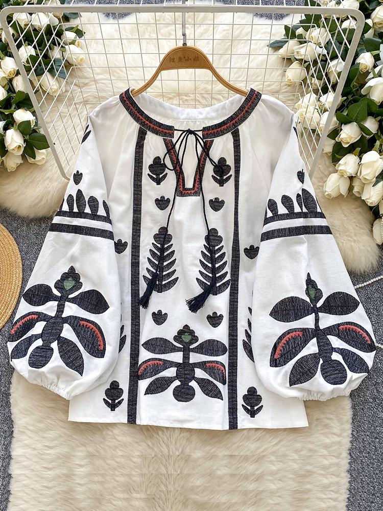 Весна Осень Новая Винтажная Рубашка с Рукавами-Фонариками Женская Вышитая Круглый Вырез Ремешок Свободная Повседневная Блузка Топ