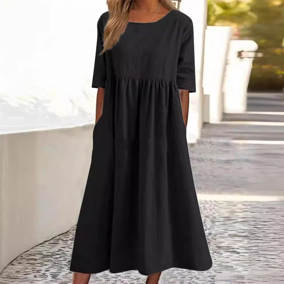 Women's Summer Solid Color Round Neck Half Sleeve Casual Long Solid Color Dress