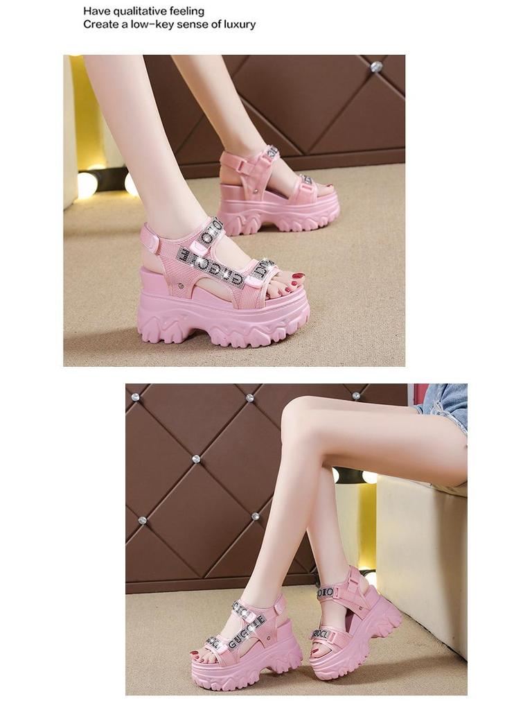Korean Style Rhinestone Platform Velcro Sandals - 2024 Summer Collection