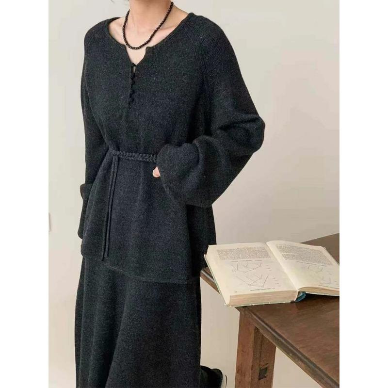 Комплект из двух частей с полуоткрытым вырезом, шнуровкой и кружевом: новый повседневный комплект юбки и вязаного свитера для женщин на осень и зиму