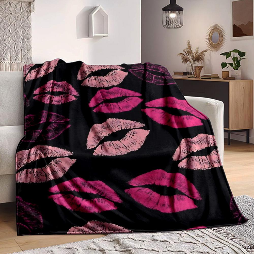 1pc Lipstick Kiss Print Blanket Warm, Cozy, And Soft, Suitable for Sofas, Beds, Cars, And Office Use.Perfect for Camping And Travel, Making It a Great