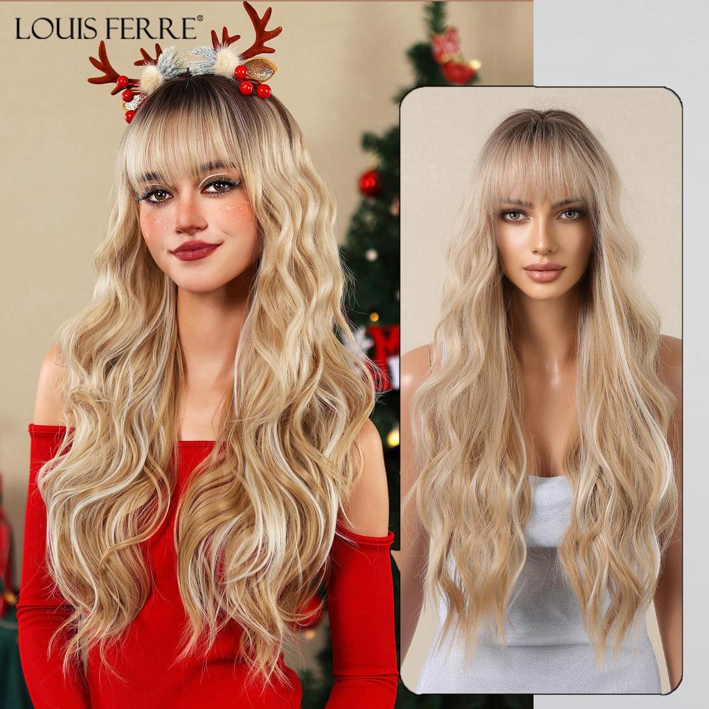 LOUIS FERRE Длинные волнистые черные синтетические парики для женщин, натуральные накладные волосы с челкой, термостойкие парики для повседневного использования, косплей