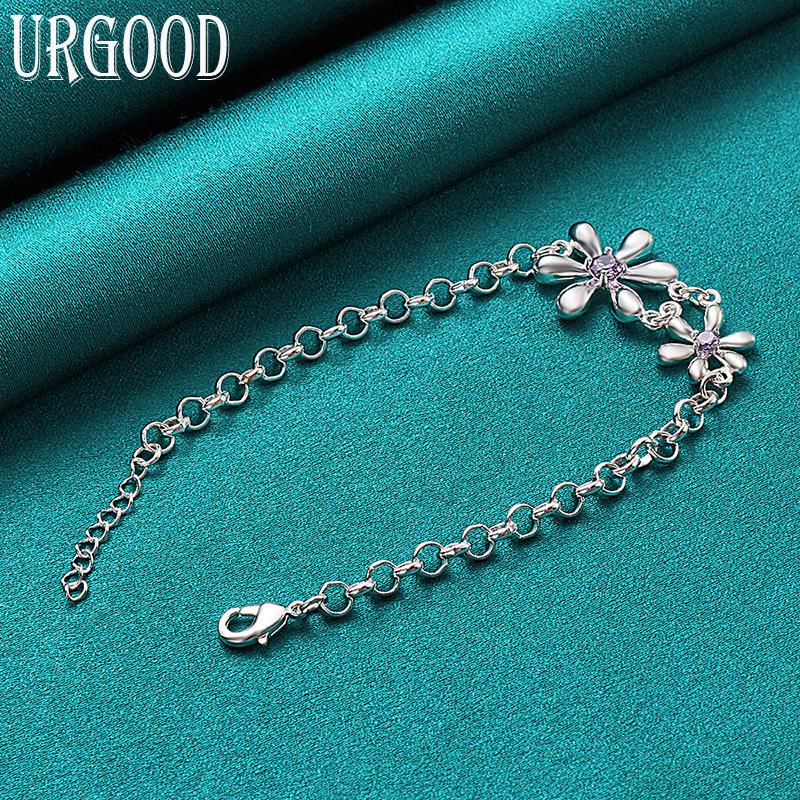 925 Sterling Silver Purple AAA Zircon Flower Bracelet
