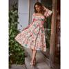 Summer Square Collar Floral Print Dress Women Elegant Fashion Long Sleeve Vintage Dress Plus Size High Waist A-line Party Loose Casual Dresses 1330