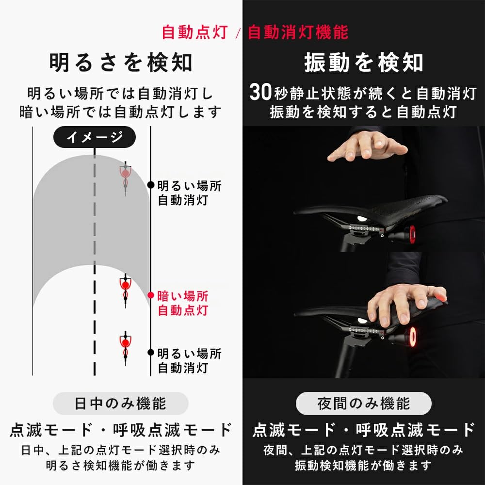 ROCKBROS Smart Taillight for USB Auto IP65 Dustproof and 3 Light Easy Japanese Instruction Manual Maximum Brightness Bicycle LED TL907Q50 Bicycles,