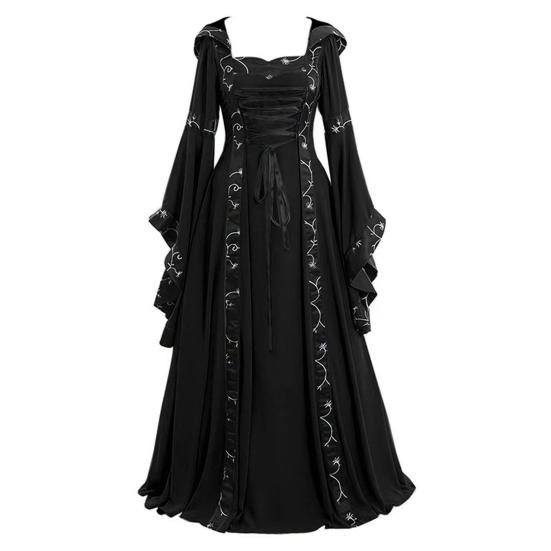 Women Dress Medieval Royal Style Lace-up Hooded Bat Sleeve Maxi Dress Waist-Cinching Square Collar Stage Performance Renaissance Cosplay Costume