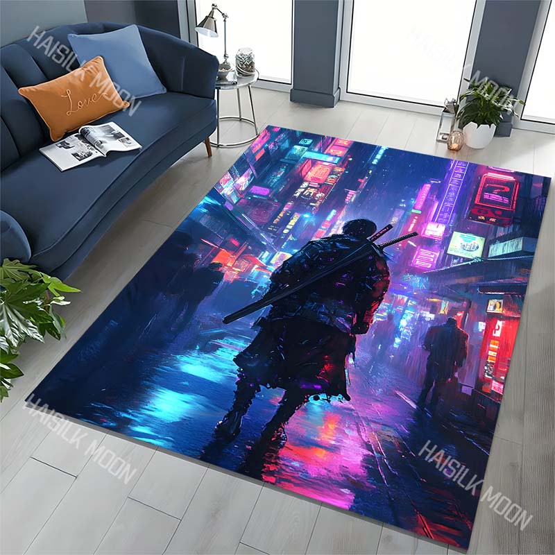 1PC Futuristic city, rainy night, warrior Carpet for Living Room Bedroom Sofa Home Decor Rus Non-slip Floor Mat Luxury Gift