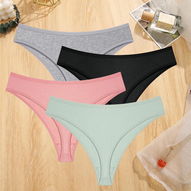 FINETOO 4PCS Cotton Briefs for Lady Sexy Low-Waist Brazilian Panties Female Soft G-String Underwear T-Back Solid Lingerie Bikini