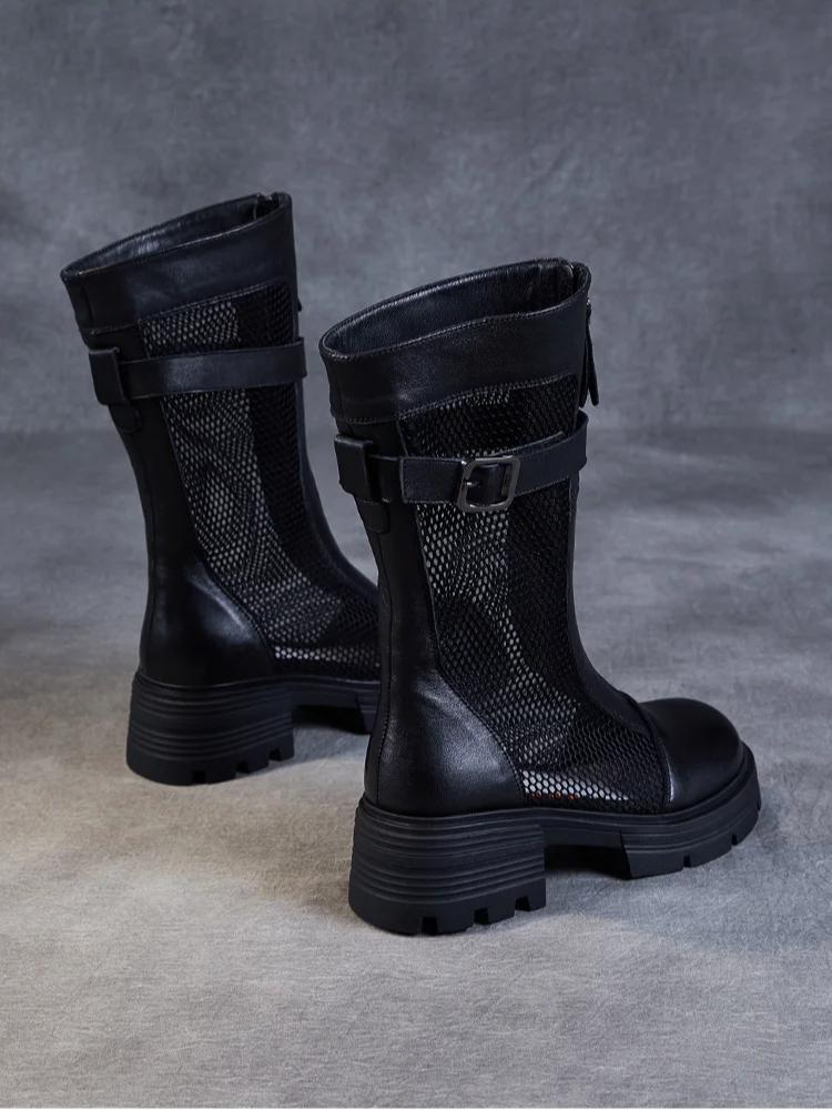 Johnature Летние ботинки из натуральной кожи с сетчатой вставкой, дышащие, универсальные сандалии на толстом каблуке