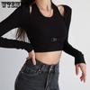 WTEMPO Женские вязаные укороченные топы из двух предметов с лямкой на шее, женские повседневные однотонные тонкие рубашки с длинными рукавами, Клубная одежда, уличная одежда