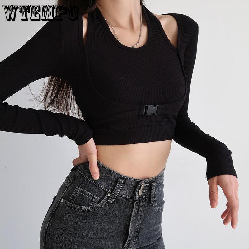 WTEMPO Женские вязаные укороченные топы из двух предметов с лямкой на шее, женские повседневные однотонные тонкие рубашки с длинными рукавами, Клубная одежда, уличная одежда