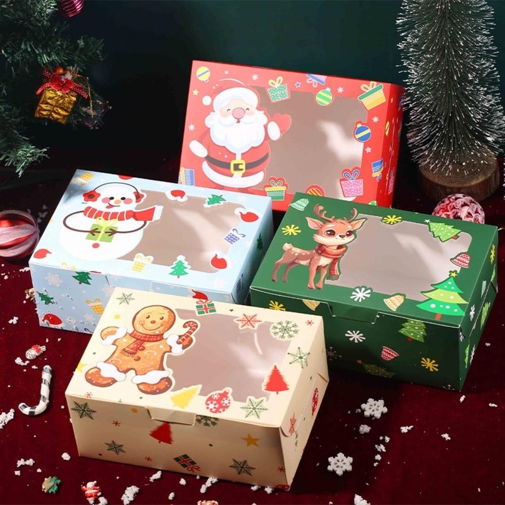4pcs With Window Christmas Gift Boxes Snowman Design Opening Candy Packaging Bakery Boxes Gingerbread Theme Paper Box