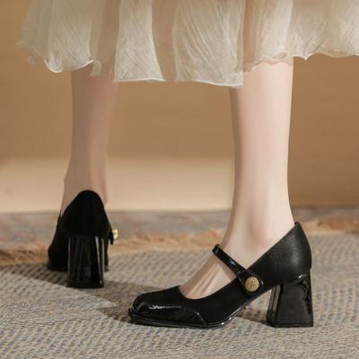 Женские туфли на высоком каблуке 2025 весна и осень новые квадратный носок мелкий вырез Мэри Джейн с юбкой толстый каблук одинарные туфли