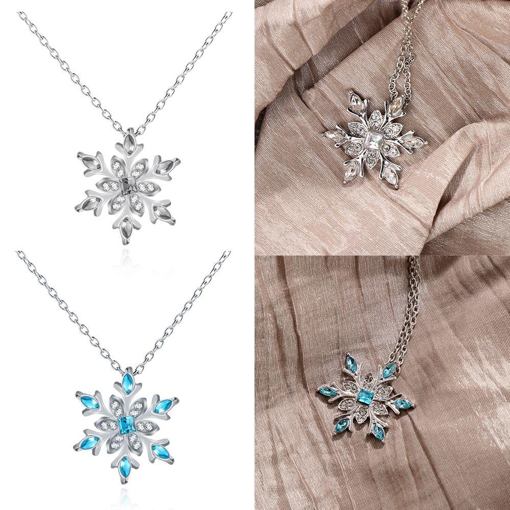 Women Frozen Snowflake Necklace Silver Plated Rhinestone Crystal Pendant Chain Christmas Gift
