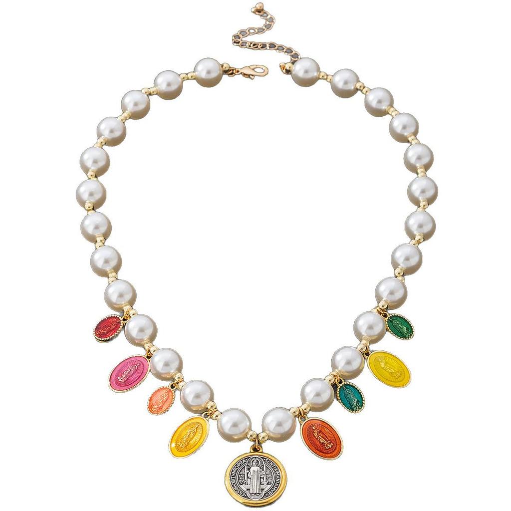 Винтажное религиозное ожерелье с кулоном в виде Девы Марии с жемчугом и цветной эмалью, покрытое золотом