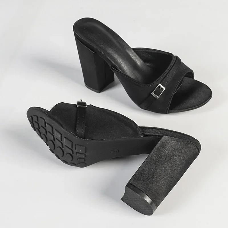 Модные шлепанцы на массивном высоком каблуке Женские сексуальные сандалии-слайды с открытым носком 2025 Лето Элегантные зеленые атласные Нескользящие туфли на платформе и высоком каблуке