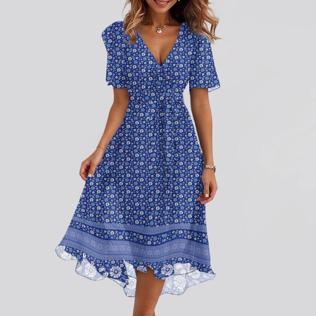Women's Fashion Casual V Neck Short Sleeve Ruffled Vintage Printed Dresses