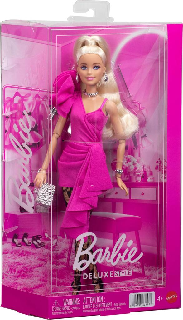 Кукла Mattel Barbie Deluxe Style JJN73, Розовое асимметричное мини-платье, Черные кружевные колготки, Светлые волосы-хвост, Стиль Барбикор, Возраст 4+