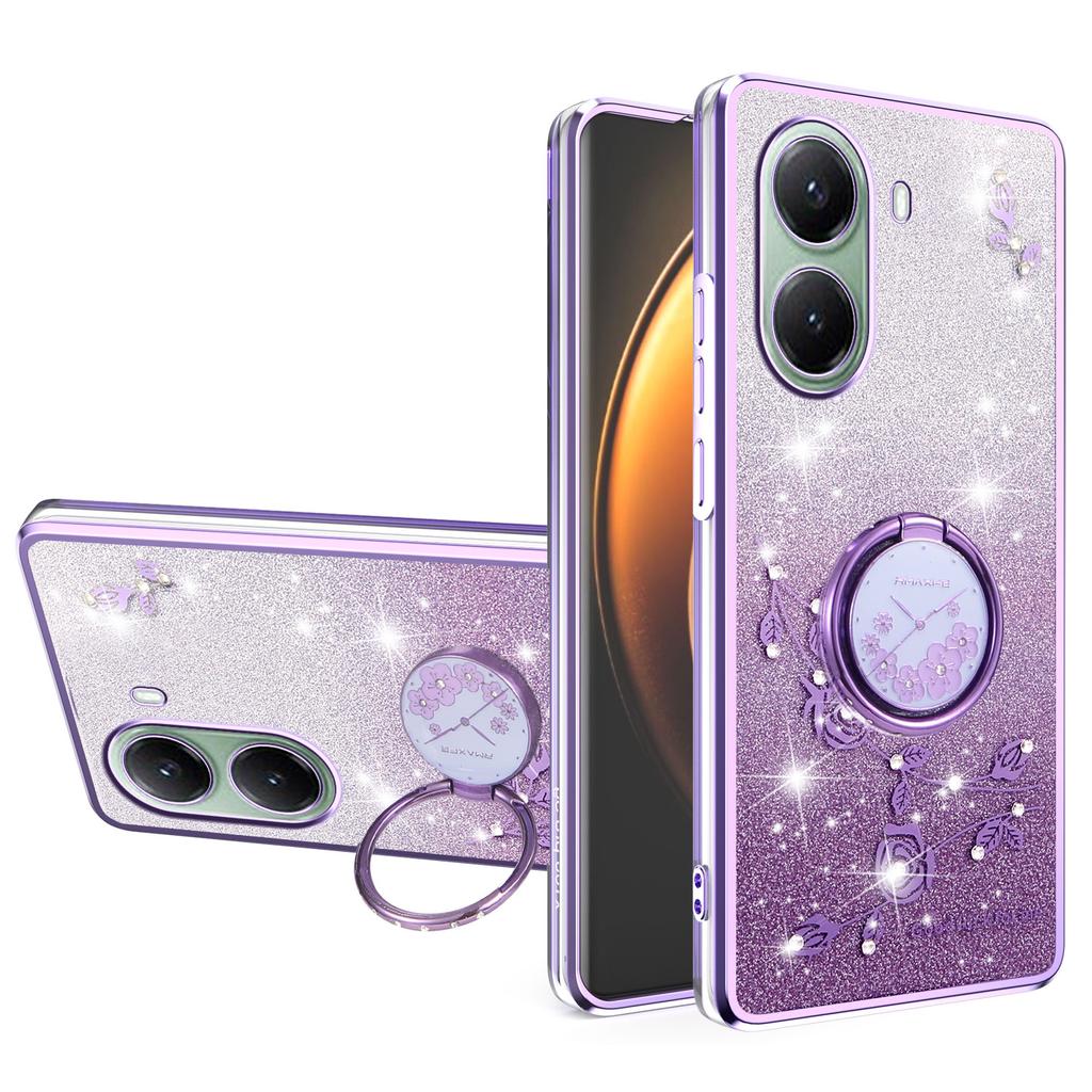 For Xiaomi Poco X7 Pro 5G/Redmi Turbo 4 5G Case Ring Kickstand TPU Flowers Phone Cover Gradient Glitter