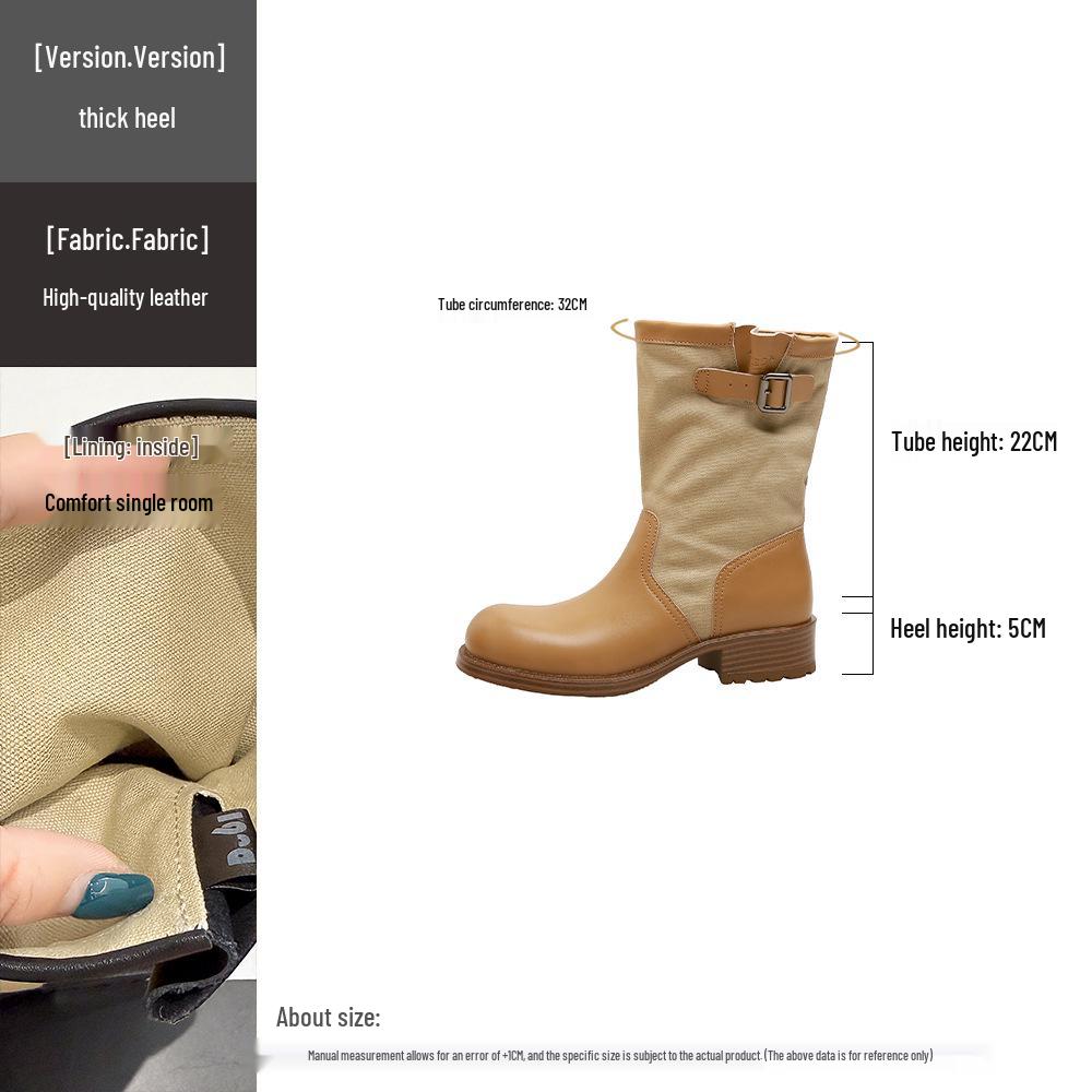 Vintage Color Block Buckle Round Toe Ankle Boots - Women's Mid-Calf Riding Boots, New Fashion