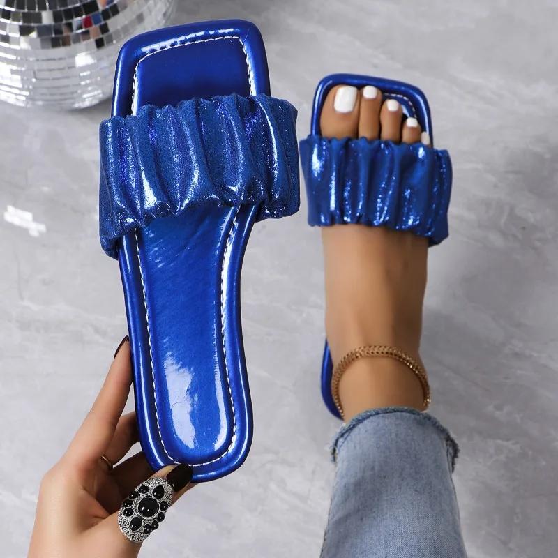 Распродажа модной женской обуви 2024 года, новые женские тапочки с квадратным носком, летние открытые плиссированные легкие плоские повседневные пляжные тапочки большого размера