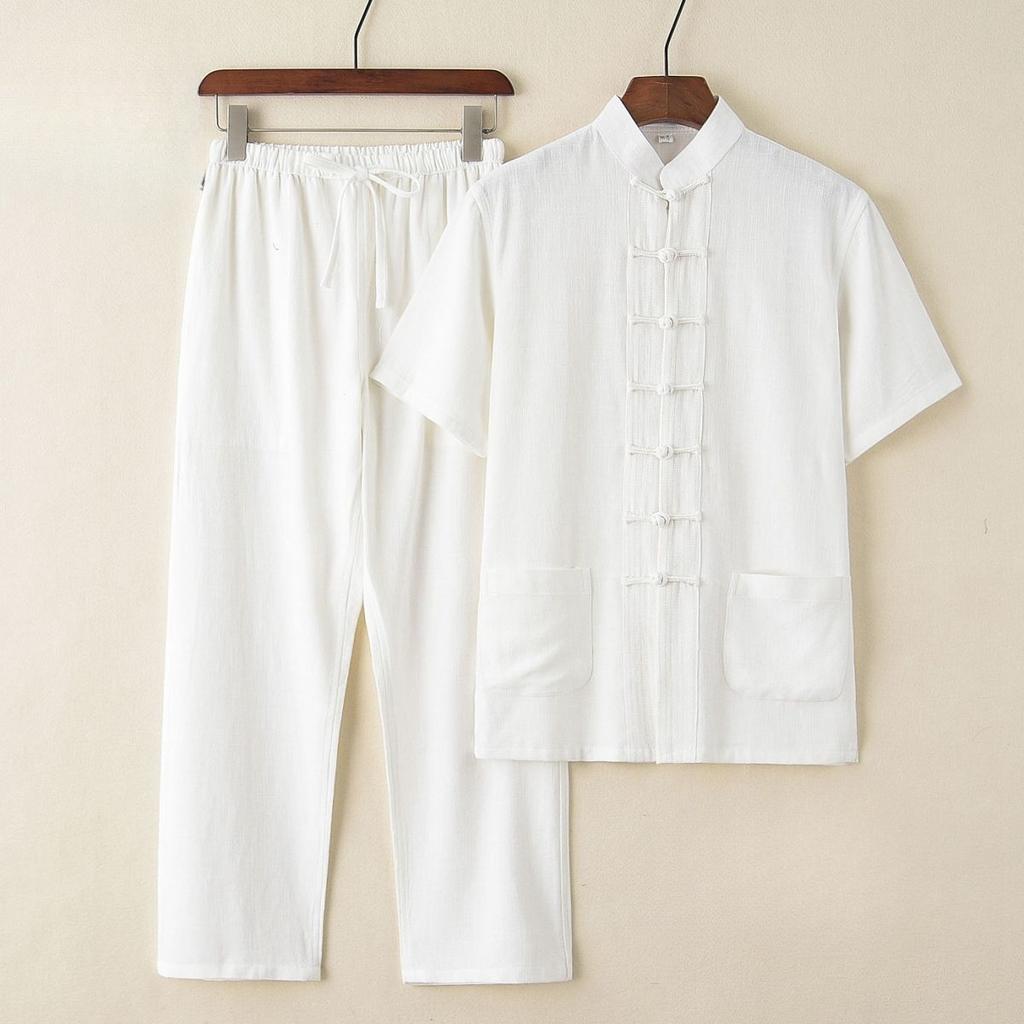 Мужской летний хлопково-льняной костюм в китайском стиле, двойка: Ретро вышитый топ с коротким рукавом и брюки, мужской костюм танг