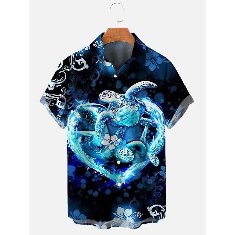 Модные летние рубашки с принтом черепахи Гавайские рубашки на пуговицах Мужские летние пляжные рубашки с коротким рукавом Повседневные мужские рубашки с лацканами