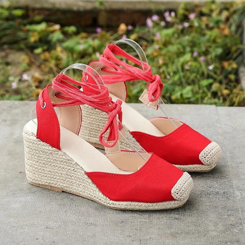 Fashion 2024 Summer New Large-size Wedge Sandals for Women Thick-soled Toe Wrap Heel Ring Strap Cloth Hemp Rope Sandals Women's Shoes