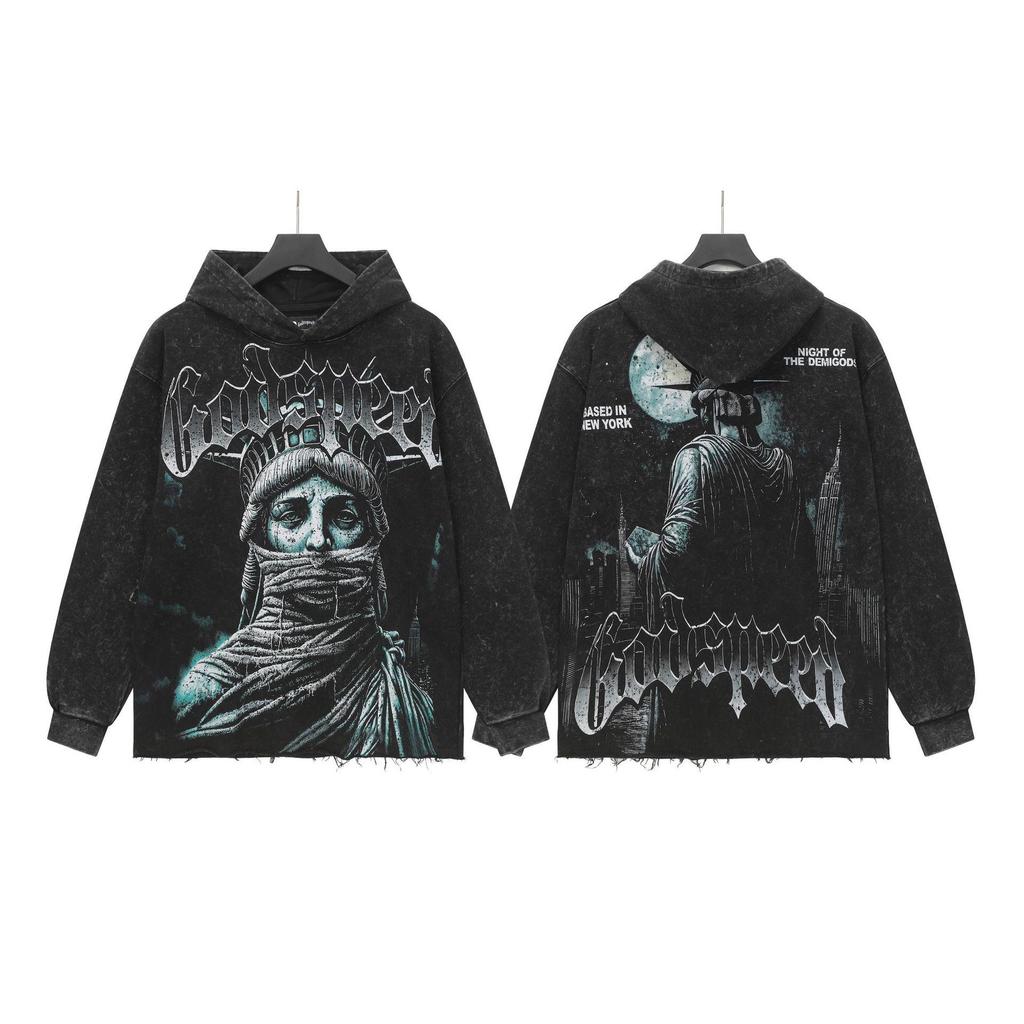 Худи с ретро-принтом 'God Bless America' в стиле рок-стрит, стиранное, повседневное, свободного кроя