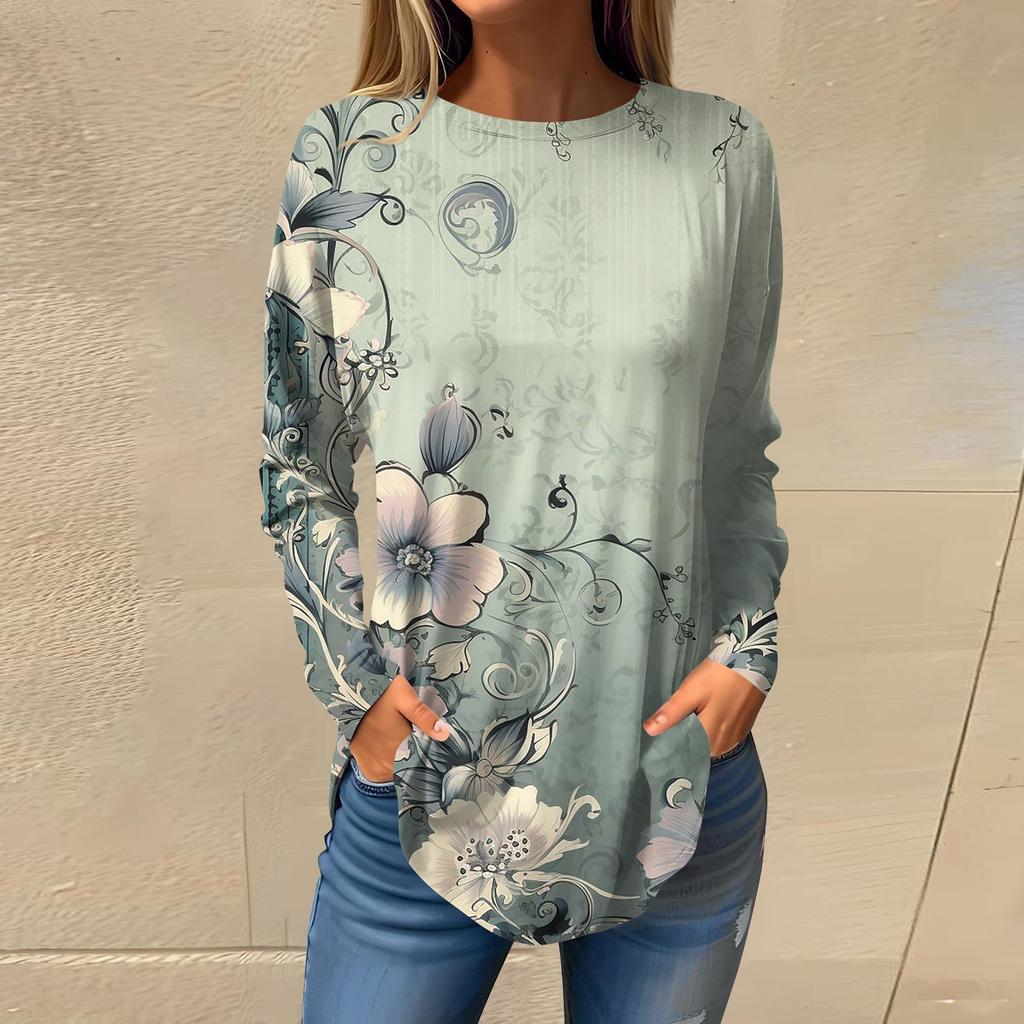 Tee Shirts For Women Fall Casual Long Sleeve Shirts Sweatshirt Retro Printing Top Pullover