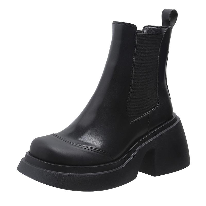 Модный тренд черный британский стиль толстый каблук толстая подошва ботинки Мартина женские 2025 новые весна и осень увеличивающие рост и стройнящие короткие ботинки