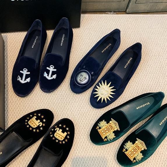 Studiolee French Exquisite Embroidery One-pedal Velvet Flat-soled Soft-soled Loafer Beanie Single Shoes Women
