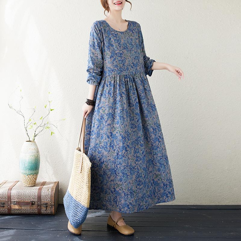 Осеннее хлопковое конопляное платье с круглым вырезом, свободного размера, с длинным рукавом, для женщин, винтажные платья в стиле бохо