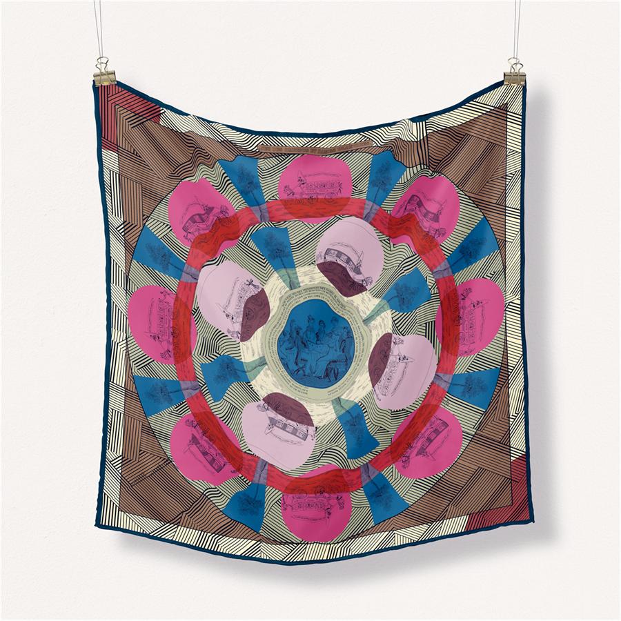 Twill Silk Scarf Woman Circle Painting Square Scarves Wraps Bandana Small Hijab Silk Foulards Tie Headband Neckerchief 53CM