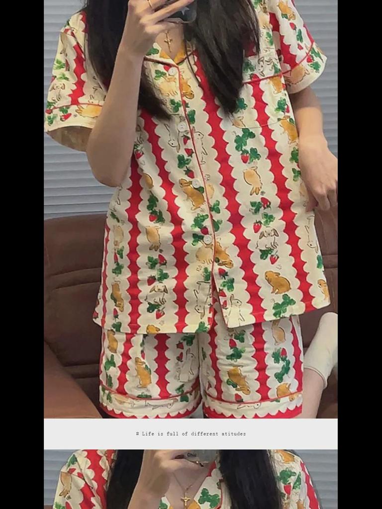Korean Floral Bunny Christmas Summer Pajama Set - Striped Short-Sleeve Top & Shorts for Women