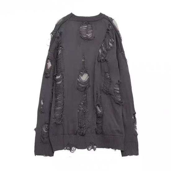 Мужской осенне-зимний свитер, рваный поддельный двухсекционный хип-хоп, однотонный, с вырезами, вязаный с круглым вырезом и длинным рукавом, свободный, мягкий, толстый, теплый, уличная одежда