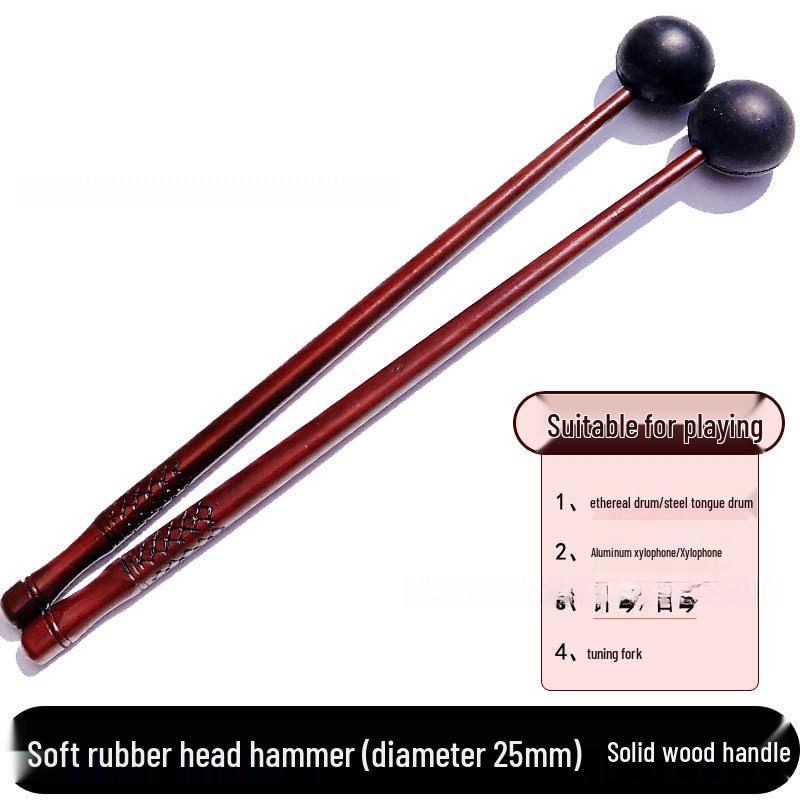 Ethereal Percussion Mallets: Steel Tongue, Xylophone, Glockenspiel, Tuning Fork, and Handpan - Wooden Handle & Soft Rubber Head.