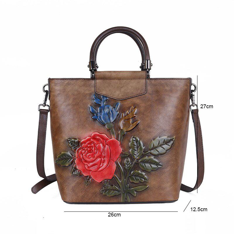 Johnature Retro Large Capacity Luxury Handbags Women Bags Designer Genuine Leather Casual Tote Rose Shoulder Bags