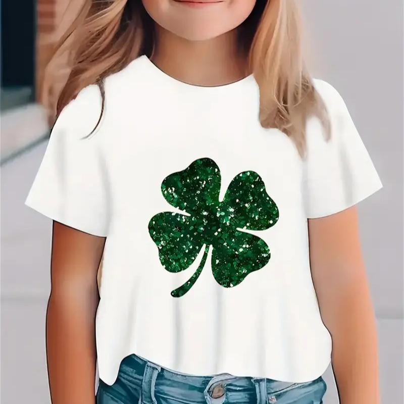 Детская футболка с 3D-принтом, новая минималистичная футболка с круглым вырезом и короткими рукавами с небольшим свежим клеверным узором для девочек