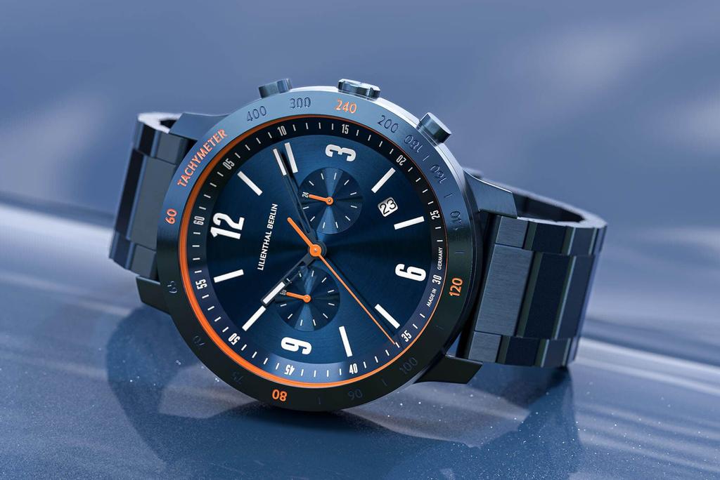 Часы-хронограф Lilianthal Berlin с датой, сделано в синем мужском исполнении, Германия, C02-003-B040EB,