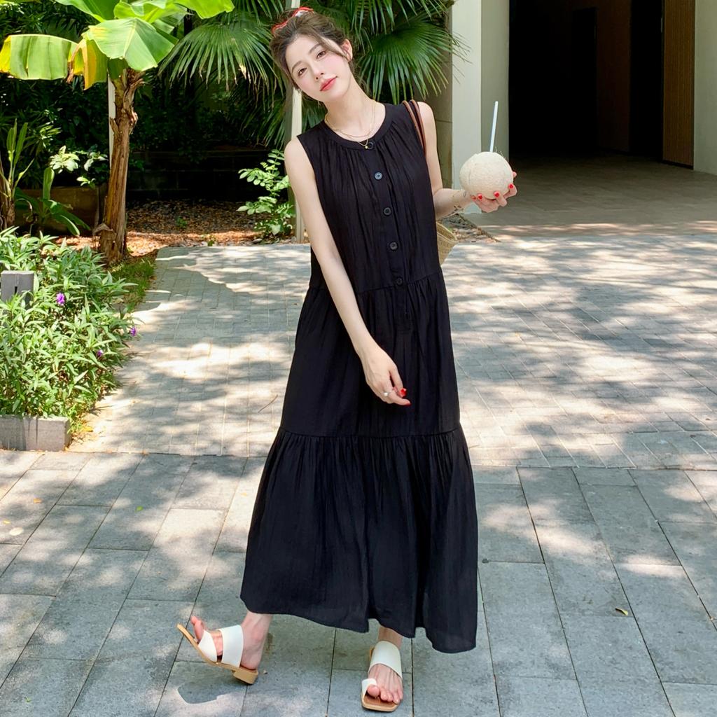 Dimanaf 2025 Plus Size Dress Summer Women Black Sleeveless Vintage Loose Maxi Basic Style Holiday New Dress