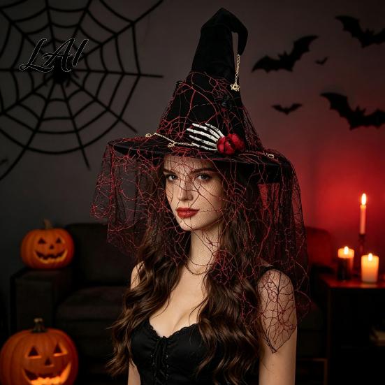 Unique Holiday Party Decor Punk Skeleton Hand Witch Hat with Spider And Veil Black Large Indoor Outdoor Festive Wizard Costume Accessory for Adults,
