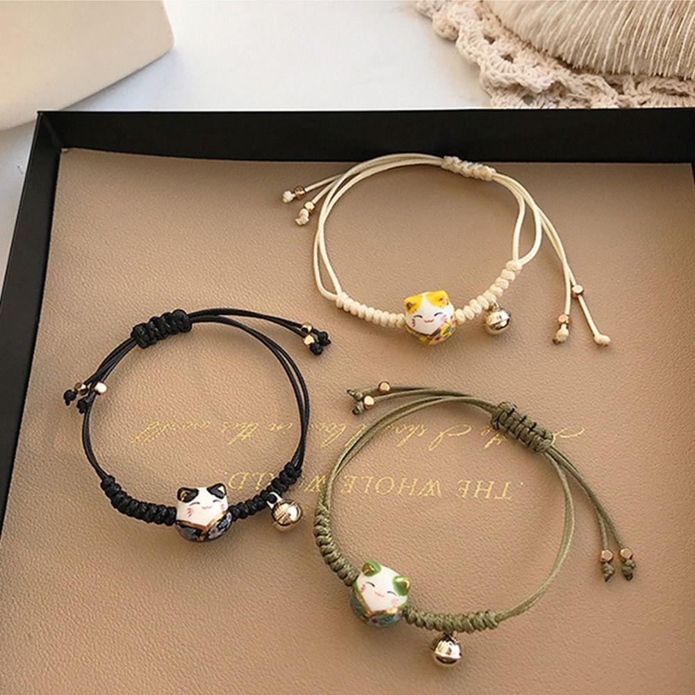 Милый браслет для влюбленных с колокольчиком Манеки Неко Женское кольцо на руку Красная плетеная веревка Украшения в китайском стиле